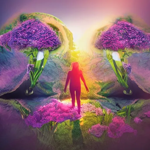 Prompt: A picture of a planet of various flowers, fungus and plants, in which the human figure is dressed in something magical and impressive, inside the picture is infinity, sunset light, Atmospheric phenomenon, artistic photography, muted colors, conceptual