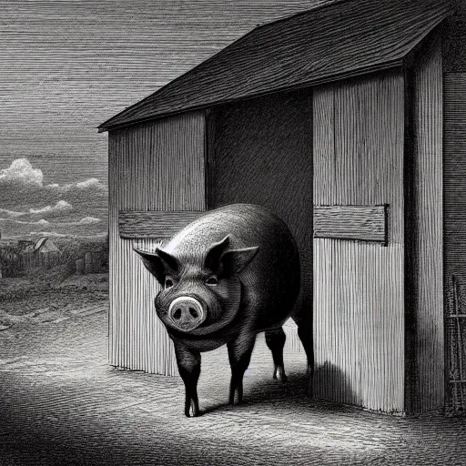 Image similar to pig in a tuxedo walk out of a barn, dramatic lighting, creepy, farm background, chiaroscuro, high detail, illustration by gustave dore