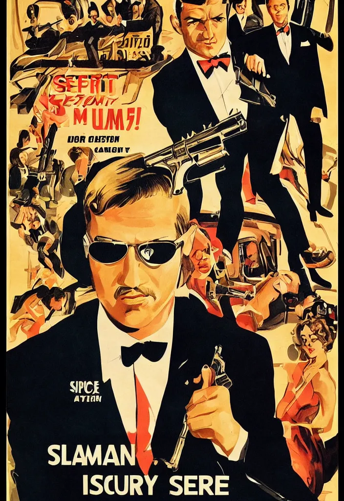 Prompt: 1 9 7 0's spy secret agent movie poster, glamour, opulence, handsome man in black suit, pistol, casino, gold, money, diamonds, classy ladies, glossy high quality print