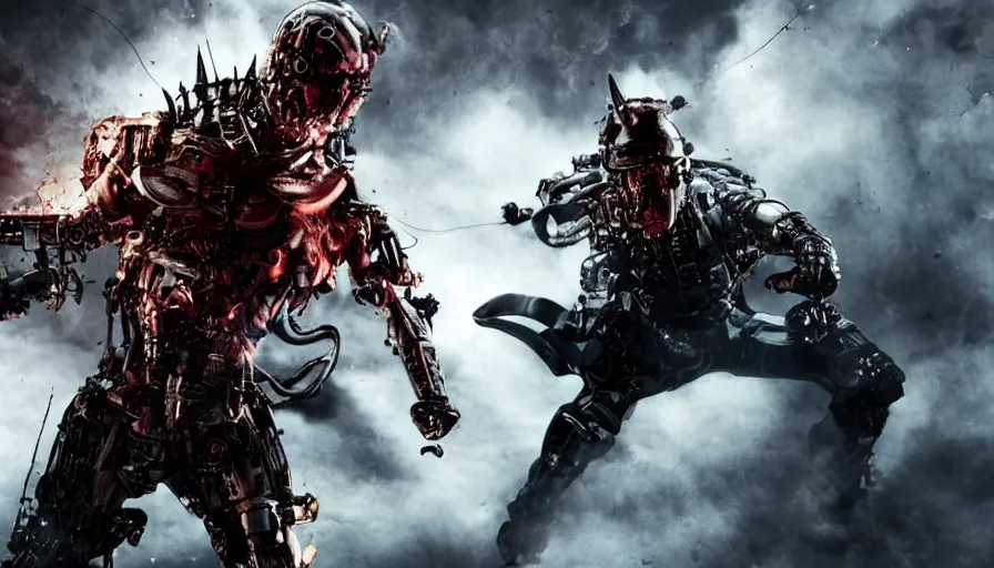 Image similar to big budget action movie about demonic battle cyborg fighting a policeman