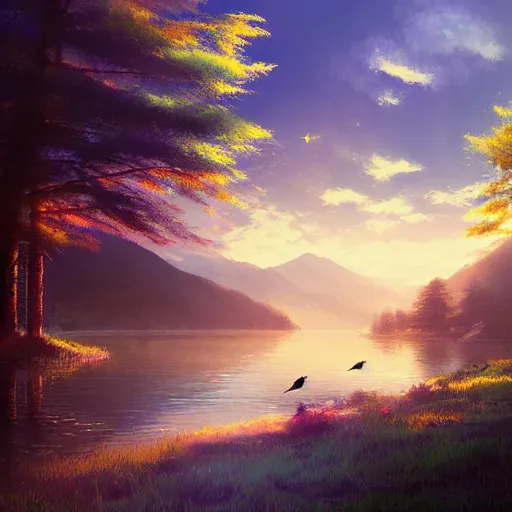 Image similar to beautiful lakeside scene with forest and mountains and birds in the air, sunbeams colorful foggy by makoto shinkai, ross tran