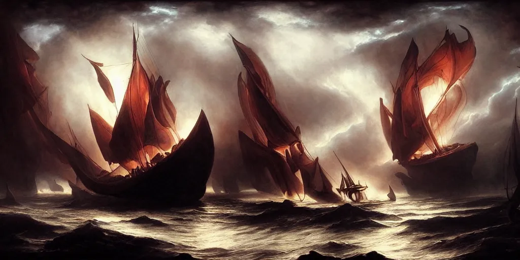 Image similar to Odysseus's ship sailing past the gates of Hell, by Rolf Armstrong and Evelyn De Morgan and Bastien Lecouffe-Deharme, dramatic lighting, high contrast colors, baroque, empyrean, panoramic view, as trending on Artstation, highly detailed, doom engine,