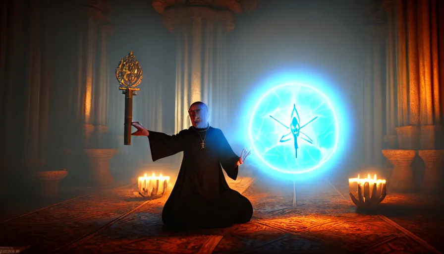 Prompt: an evil priest performs demonic ritual with magic and a glowing sigil in a fantastic temple, volumetric lighting, magical lighting, raytracing, dynamic lights and shadows, photorealistic render, digital art, wallpaper