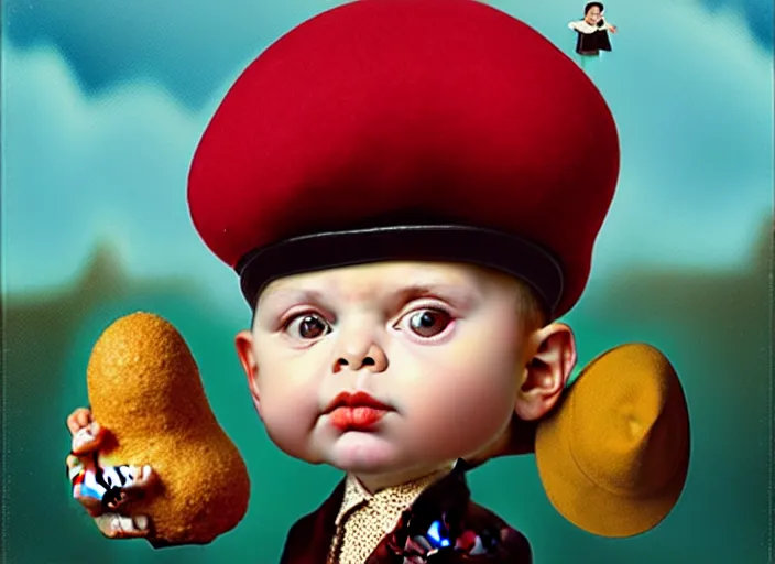 Image similar to a peanut wearing beret and suit, lowbrow, matte painting, 3 - d highly detailed, in the style of mark ryden,