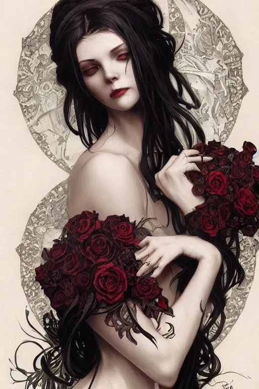 Image similar to beautiful gothic female with black roses surrounding her, Black Hair, intricate, elegant, highly detailed, digital painting, artstation, concept art, smooth, sharp, focus, illustration, art by artgerm and greg rutkowski and alphonse mucha and Ray Caesar and Benjamin Lacombe