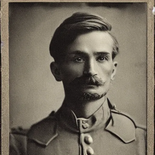 Image similar to late 1 9 th century, austro - hungarian!!! soldier ( handsome, 2 7 years old, redhead michał zebrowski with a small mustache ). old, sepia tones, detailed, hyperrealistic, 1 9 th century portait by yousuf karsh