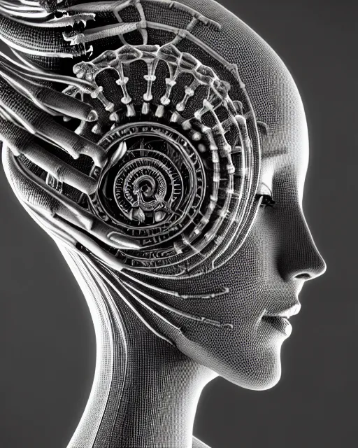 Image similar to mythical black and white organic bio-mechanical spinal ribbed profile face portrait detail of silver mechanical beautiful female angelic-vegetal-cyborg, highly detailed, intricate steampunk ornate, poetic, 3D render, digital art, octane render, 8K artistic photography, photo-realistic, by Dora Maar