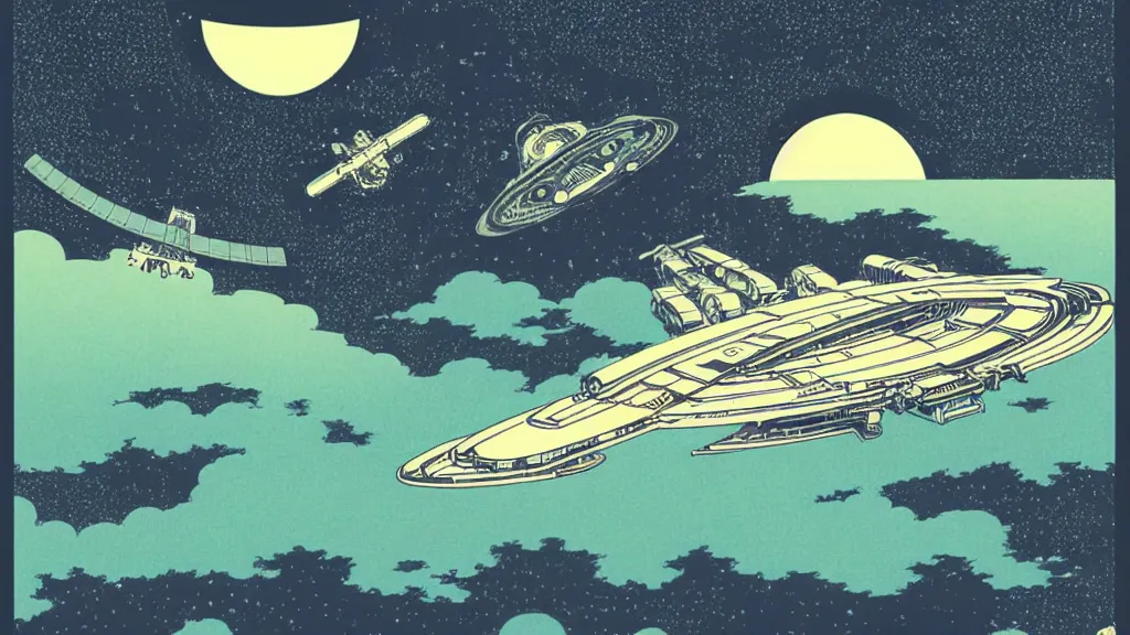 Prompt: A wide shot, galactic spaceship battle, flat design, screen print by Kawase Hasui and dan hillier