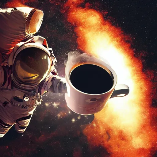 Prompt: an astronaut floating in hyper space, surrounded by floating coffee beans and fluid coffee, realistic digital art, 4k, art station, high quality