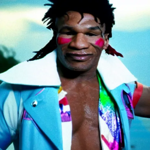Prompt: mike tyson as the lead singer of a glamour rock band in the 1 9 8 0 s, colorful, music video still, 8 k