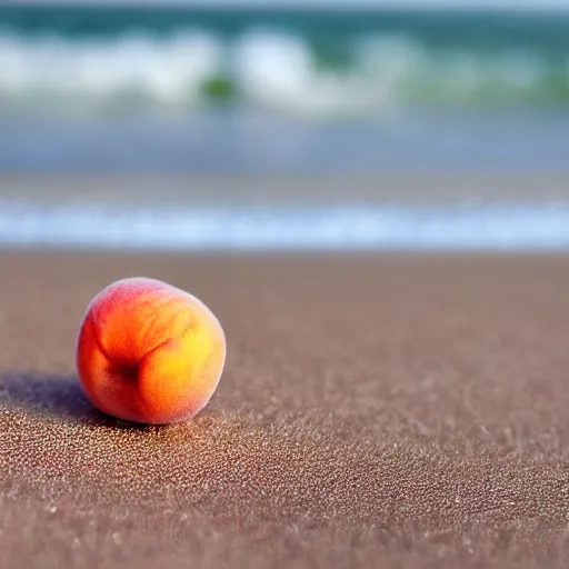 Image similar to a female peach with eyelashes and long legs walking on the beach, realistic, macro photo, highly detailed