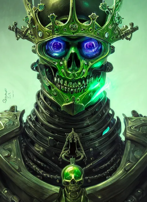 Image similar to closeup portrait shot of the king of the cyber skeletons with a crown of swords, glowing green, intricate, elegant, highly detailed, centered, digital painting, artstation, concept art, smooth, sharp focus, warframe, illustration, anders zorn, tomasz alen kopera, peter mohrbacher, donato giancola, leyendecker, boris vallejo