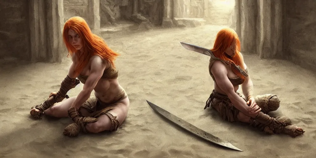 Image similar to ginger girl with problems, sitting and drinking in an ancien tavern and playing with a knife, attractive, warrior, strong body, action pose, ancient, sand, emerald, intricate, highly detailed, digital painting, artstation, concept art, smooth, sharp focus, illustration, Unreal Engine 5, 8K, art by artgerm and greg rutkowski and alphonse mucha