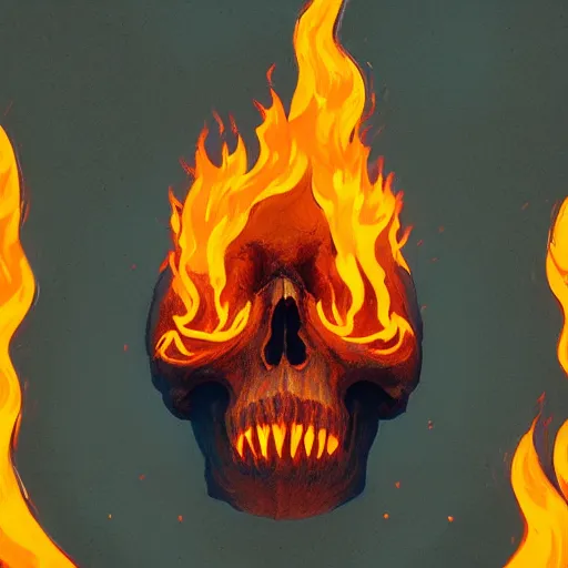 Prompt: A stunning profile of a symmetrical skull engulfed in fire Simon Stalenhag, Trending on Artstation, 8K