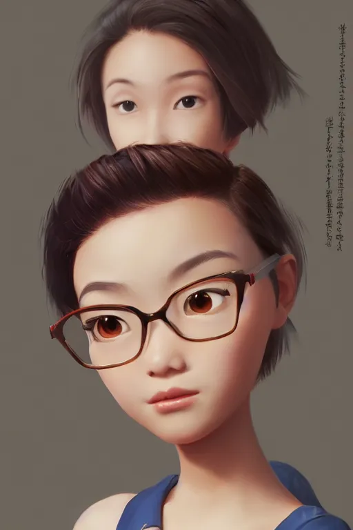 Image similar to a painting of cute Asian girl, short hair, in the style of Pixar animation, low angle view, 16mm lens, award winning, hyper detailed, dramatic lighting, artstation, octane renderer, unreal engine