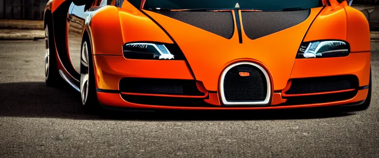 Prompt: orange and black bugatti veyron, driving in South Tangerang, South Jakarta, Indonesia, close up shot, Tilted frame, dutch angle, Deep depth of field, Midday, harsh overhead sunlight, directional sunlight skewed shot, vivid, lively, energetic, colorful, joyful, high quality, trending on artstation,