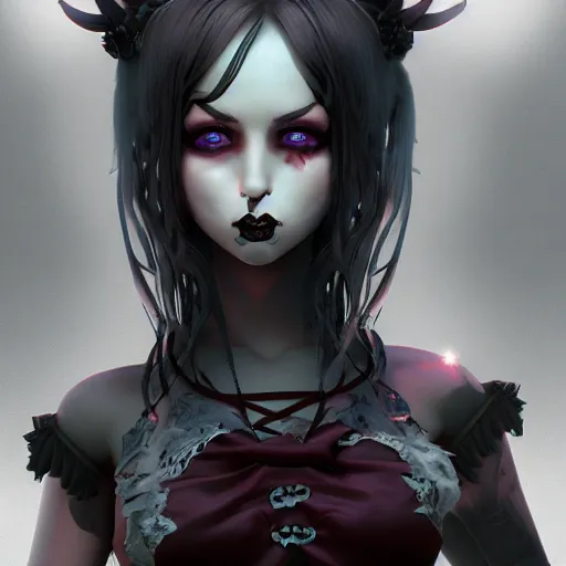 Image similar to full shot portrait of angry darkness Clara Morgane as a cute anime girl at moonlight, gothic wearing, inspired by Tim Burton, Norihiro Yagi, Marc Simonetti, Amano, Juri Misaki, detailed, unreal engine 4k volumetric light, fog,