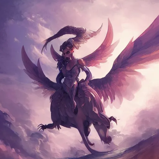 Image similar to Art station concept of a beautiful girl riding a gryphon, symmetrical face, smooth body features, by Stanley Artgerm Lau, WLOP, Rossdraws, James Jean, Andrei Riabovitchev, Marc Simonetti, and Sakimichan, trending on artstation