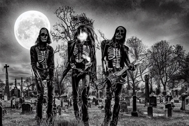 Prompt: skeletons in leather jackets with electric guitars in the hands in a cemetery, rock concert, dark night, full moon, crows on the oak tree, highly detailed digital art, photorealistic, black and white