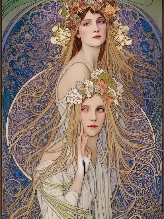 Prompt: an art nouveau mucha poster portrait oil painting of a pretty, young, moon princess surrounded by thousands of spiraling white ribbons, intricate, detailed, smooth, complex, elaborate, by bartosz kosowski and af / vf