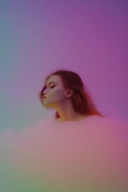 Image similar to high quality pastel coloured film close up wide angle photograph of a model wearing clothing resting on cloud furniture in a icelandic black rock!! environment in a partially haze filled dreamstate world. three point light, rainbow. photographic production. art directed. pastel colours. volumetric clouds. pastel gradient overlay. waves glitch artefacts. extreme facial clarity. 8 k. filmic.