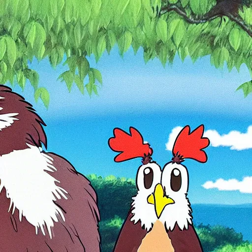 Image similar to very wise chicken by studio ghibli and bob ross