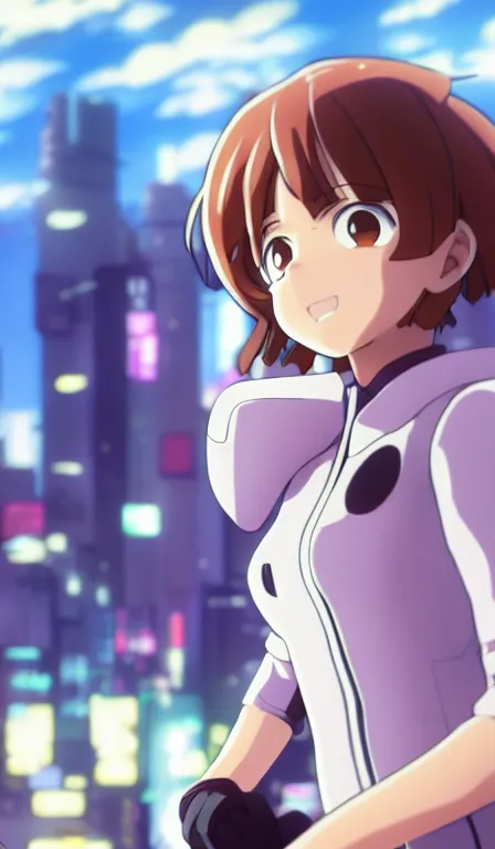 Image similar to anime fine details portrait of ochaco uraraka in front of cyberpunk moder city landscape on the background deep bokeh, close-up view, anime masterpiece by Studio Ghibli. 8k, sharp high quality anime, artstation