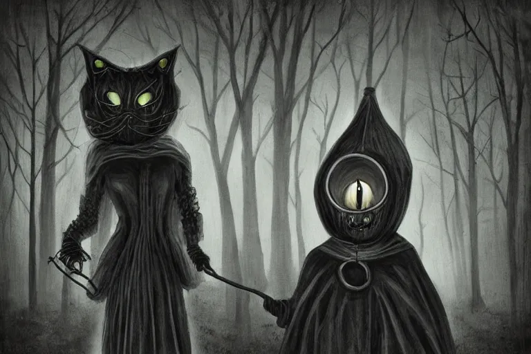 Prompt: creepy old lady in dark woods wearing mask and holding a lantern, creepy, spooky, mysterious, forest, night time, scary, creepy, black cats, creatures, haunted house, forest spirit, monster, under the bed, by steve argyle