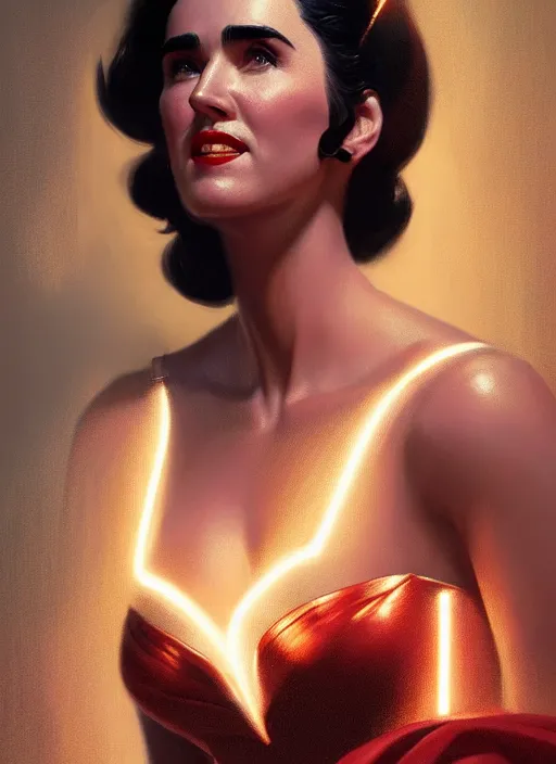 Image similar to portrait of 1 9 5 0 s darna, jennifer connelly, intricate, elegant, glowing lights, highly detailed, digital painting, artstation, glamor pose, concept art, smooth, sharp focus, illustration, art by wlop, mars ravelo and greg rutkowski