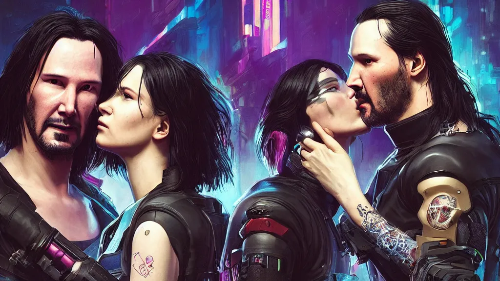 Prompt: a cyberpunk 2077 couple portrait of one Keanu Reeves and one female android final kiss,love,film lighting,by Laurie Greasley,Lawrence Alma-Tadema,Andrei Riabovitchev,Dan Mumford,John Wick,Speed,Replicas,artstation,deviantart,FAN ART,full of color,Digital painting,face enhance,highly detailed,8K,octane,golden ratio,cinematic lighting