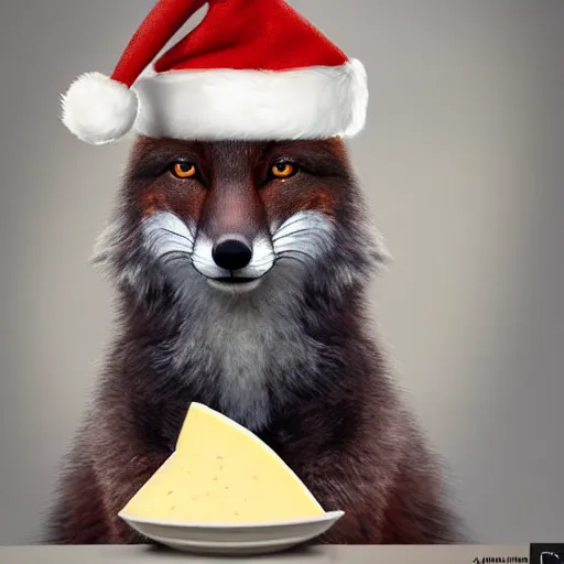 Image similar to perfectly-centered-Portrait-full-shot of a fox, wearing a santa hat, sitting next to a pile of cheese, intricate, elegant, super highly detailed, professional digital painting, artstation, concept art, smooth, sharp focus, no blur, no dof, extreme illustration, Unreal Engine 5, 8K, art by artgerm and greg rutkowski and alphonse mucha and loish and WLO