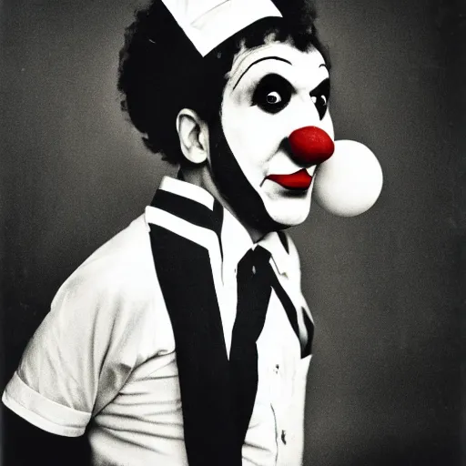 Image similar to portrait of clown by diane arbus, black and white photography