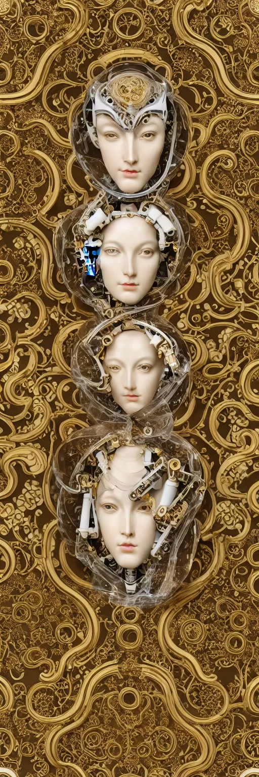 Prompt: seamless pattern of beautiful cybernetic baroque robot, beautiful baroque porcelain face + body is clear plastic, inside organic robotic tubes and parts, damask patern, front facing, wearing translucent baroque rain jacket, carved gold panel + symmetrical composition + intricate details, hyperrealism, wet, reflections + by alfonse mucha and moebius, no blur