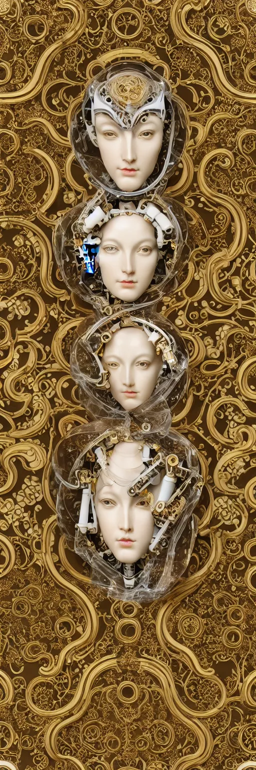 Image similar to seamless pattern of beautiful cybernetic baroque robot, beautiful baroque porcelain face + body is clear plastic, inside organic robotic tubes and parts, damask patern, front facing, wearing translucent baroque rain jacket, carved gold panel + symmetrical composition + intricate details, hyperrealism, wet, reflections + by alfonse mucha and moebius, no blur