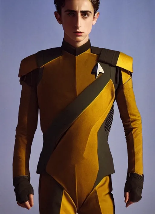 Prompt: a highly detailed cinematic full length body shot color photograph of timothee chalamet as a star fleet officer from star trek discovery, ultra realistic, depth, beautiful lighting, by richard avedon and annie leibovitz and arnold newman, photorealistic, hyperrealistic, octane, epic composition, hasselblad camera, 5 0 mm, sharp focus, perfect facial symmetry