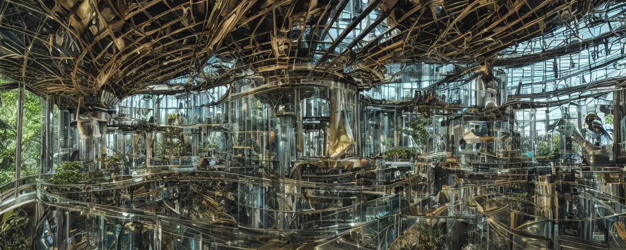 Prompt: a futuristic steampunk science laboratory, building made of huge glass panes ornate posts and beams and futuristic exterior, built in the middle of a lush tropical rainforest, cinematic back lit lighting, realistic, canon 20mm,