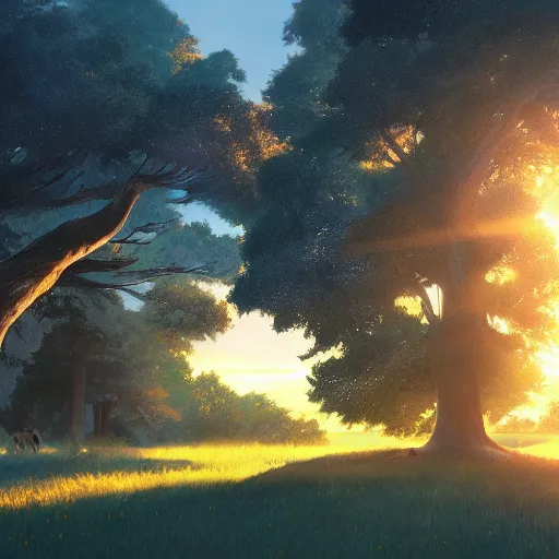 Image similar to golden hour, trees, nature, concept art, Makoto Shinkai, fabulous, 4K