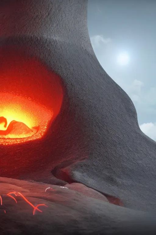 Image similar to a octane render of volcano and a tiny whale inside a boel, close - up studio photo, lighting path traced, highly detailed, high quality, hyper - realistic, max accurate,