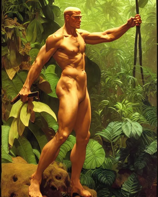 Image similar to doc savage in the jungle, fantasy character portrait, ultra realistic, concept art, intricate details, highly detailed by soft light, volumetric light, misty, william adolphe bouguereau, munch, maxfield parrish, james bama, and frank frazetta