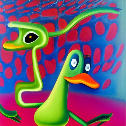 Image similar to a duck on the prowl oil painting kenny scharf