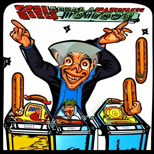 Image similar to pinball machine marquee artwork, an evil space wizard holding a tray of hot dogs over a trashcan in a threatening way, inside a 1 9 8 0's italian mansion
