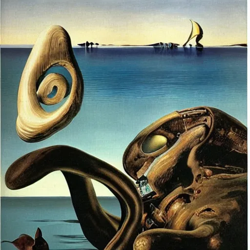 Prompt: a cybernetic Callistoctopus macropus giving a lecture in a shallow area of the Mediterranean Sea, midnight in Cap de Creus, oil painting by Salvador Dali