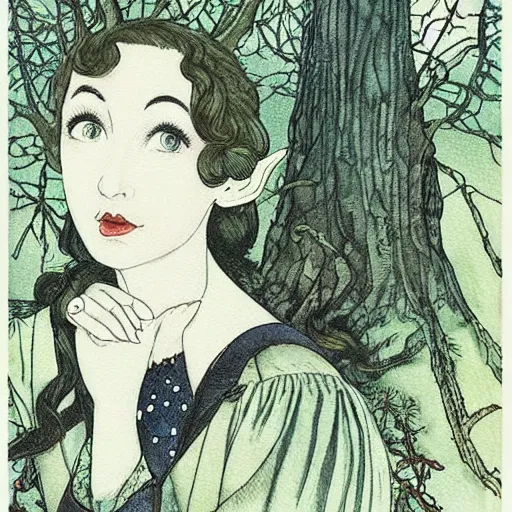 Image similar to beautiful elegant!!! portrait of 1 9 4 0 s woman tolkien elf!! in the forest at night rivendale, style of takato yamamoto intaglio watercolor, moon and stars