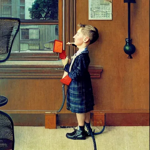 Image similar to A kid talking in a very tall telephone, art by Norman Rockwell