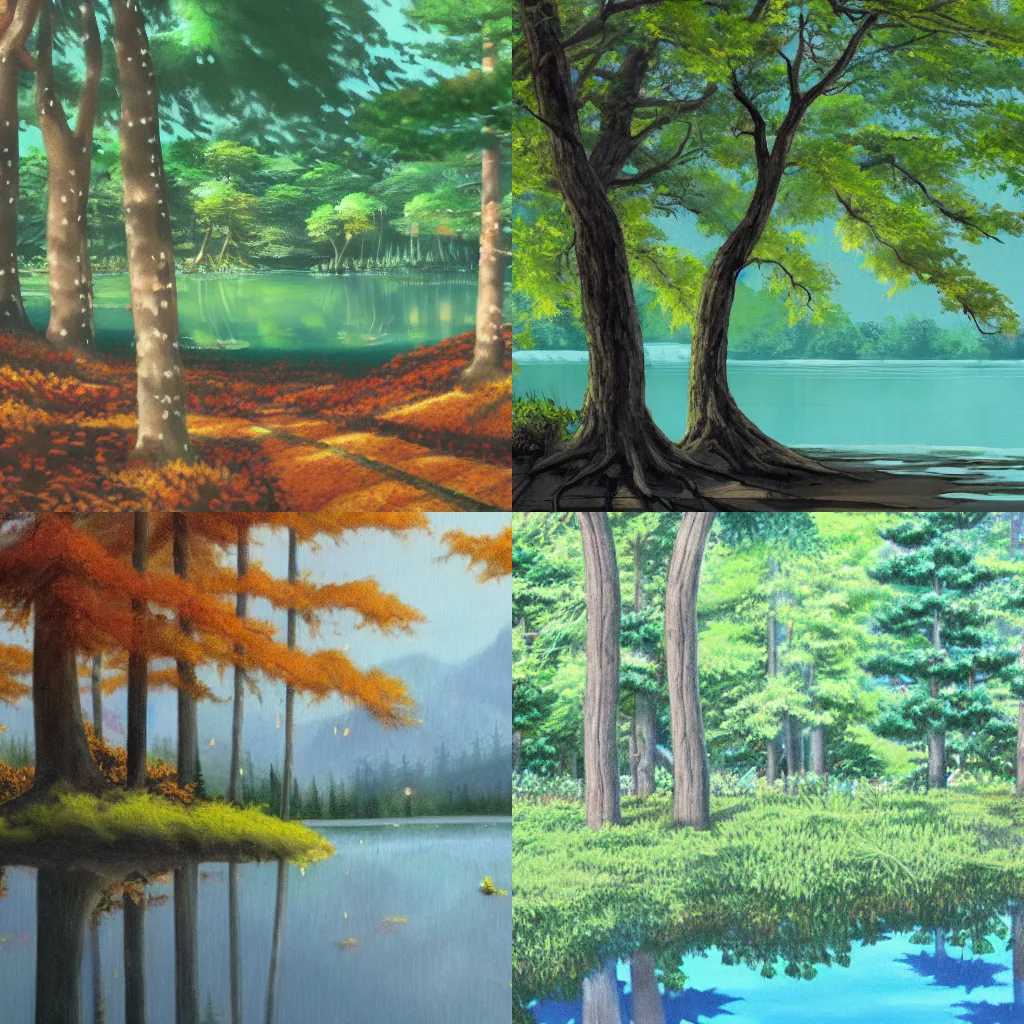 Prompt: close up forest with lake, painting by kyoto animation