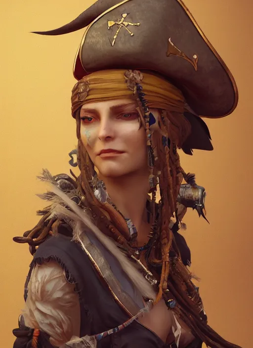 Image similar to pirate, hyper detailed, digital art, trending in artstation, cinematic lighting, studio quality, smooth render, unreal engine 5 rendered, octane rendered, art style by klimt and nixeu and ian sprigger and wlop and krenz cushart.