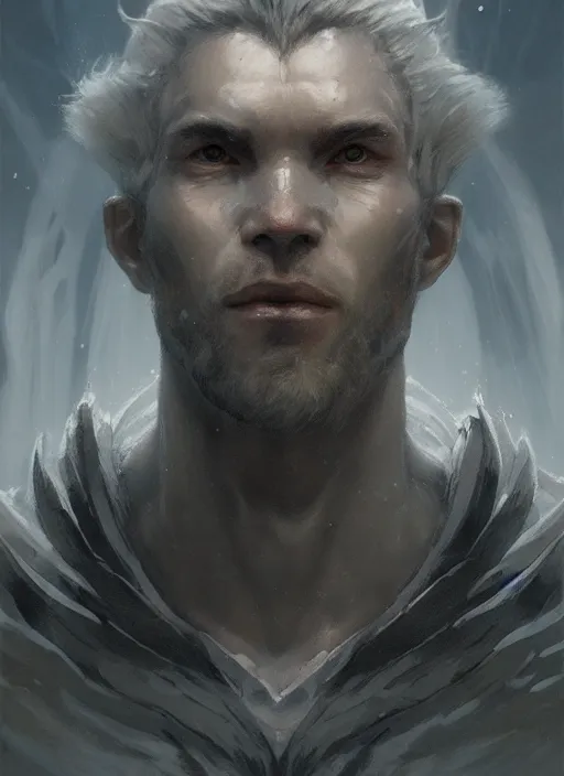 Image similar to long-shot portrait of a pale wise man who created the universe, wolf god. In style of Hyung-tae Kim and Greg Rutkowski, concept art, trending on ArtStation, over-detailed art, 8K, epic, dynamic lightning, dramatic pose.