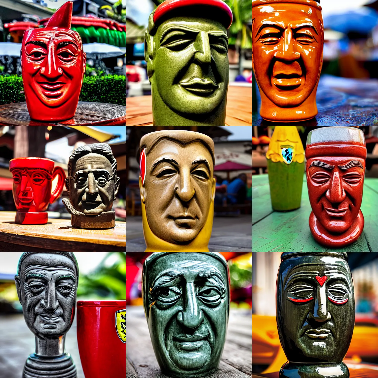 Prompt: a closeup photorealistic photograph of a beautiful ferrari themed tiki mug at at an outdoor trader vic's bar featuring the young enzo ferrari's face. tiki party. bright scene. fine detail. this 4 k hd image is trending on artstation, featured on behance, well - rendered, extra crisp, features intricate detail, epic composition and the style of unreal engine.