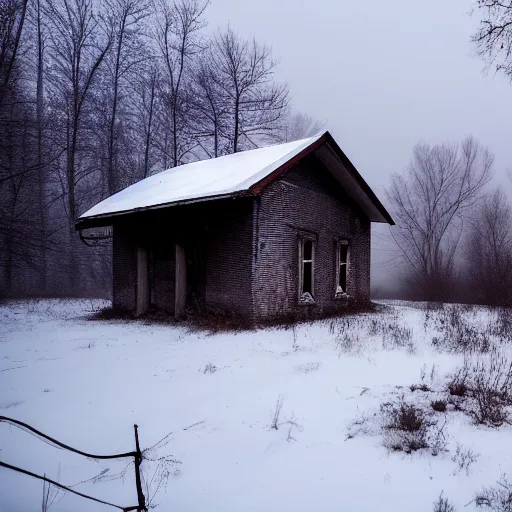 Image similar to landscape with brutalistic soviet architecture style abandoned lifeless house, near foggy forest, dark winter evening, snowing, strong, blizzard, atmospheric, mystical, very detailed 4 k, professional photography