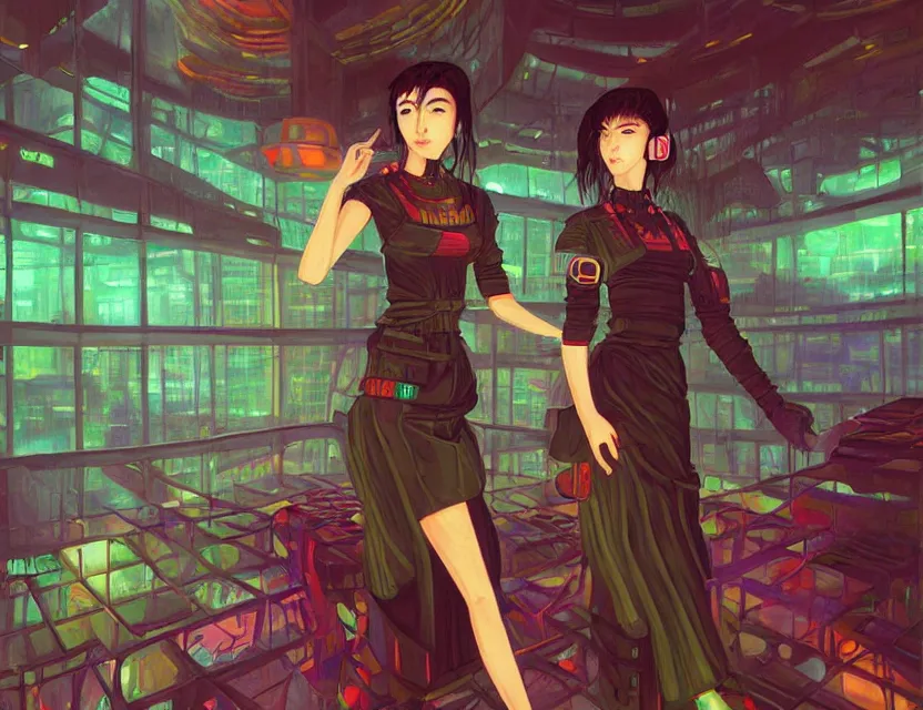 Image similar to aztec scifi pastry chef in a cloud forest cafe, wearing a lovely dress with cyberpunk elements. this oil painting by the award - winning mangaka has an interesting color scheme and impeccable lighting.